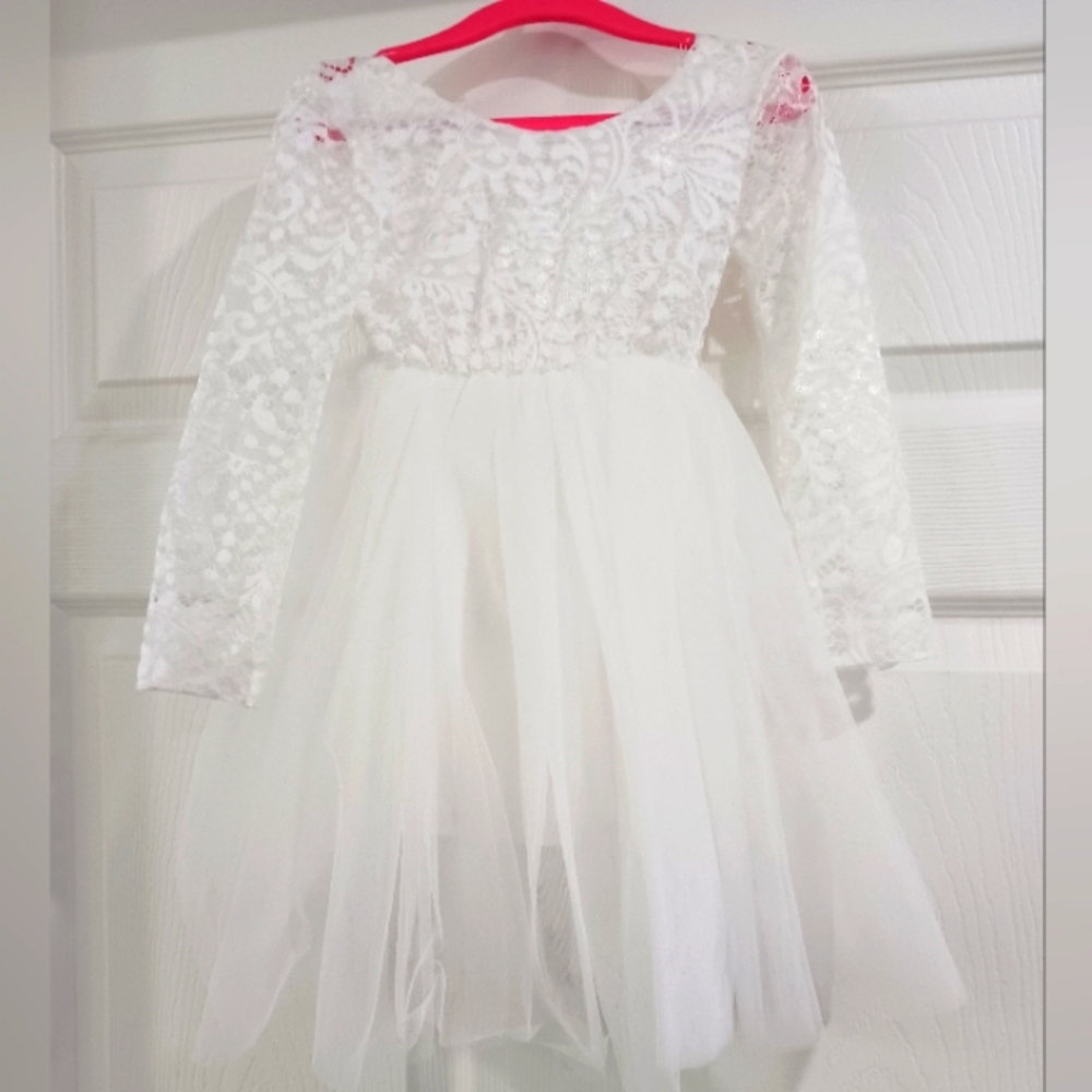 Girls White Lace & Tule Dress